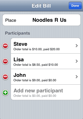 Editing the bill: Steve ordered $10.00 and paid $20.00, Lisa ordered $8.50 and paid $10.00, John ordered $9.00 and paid nothing.
