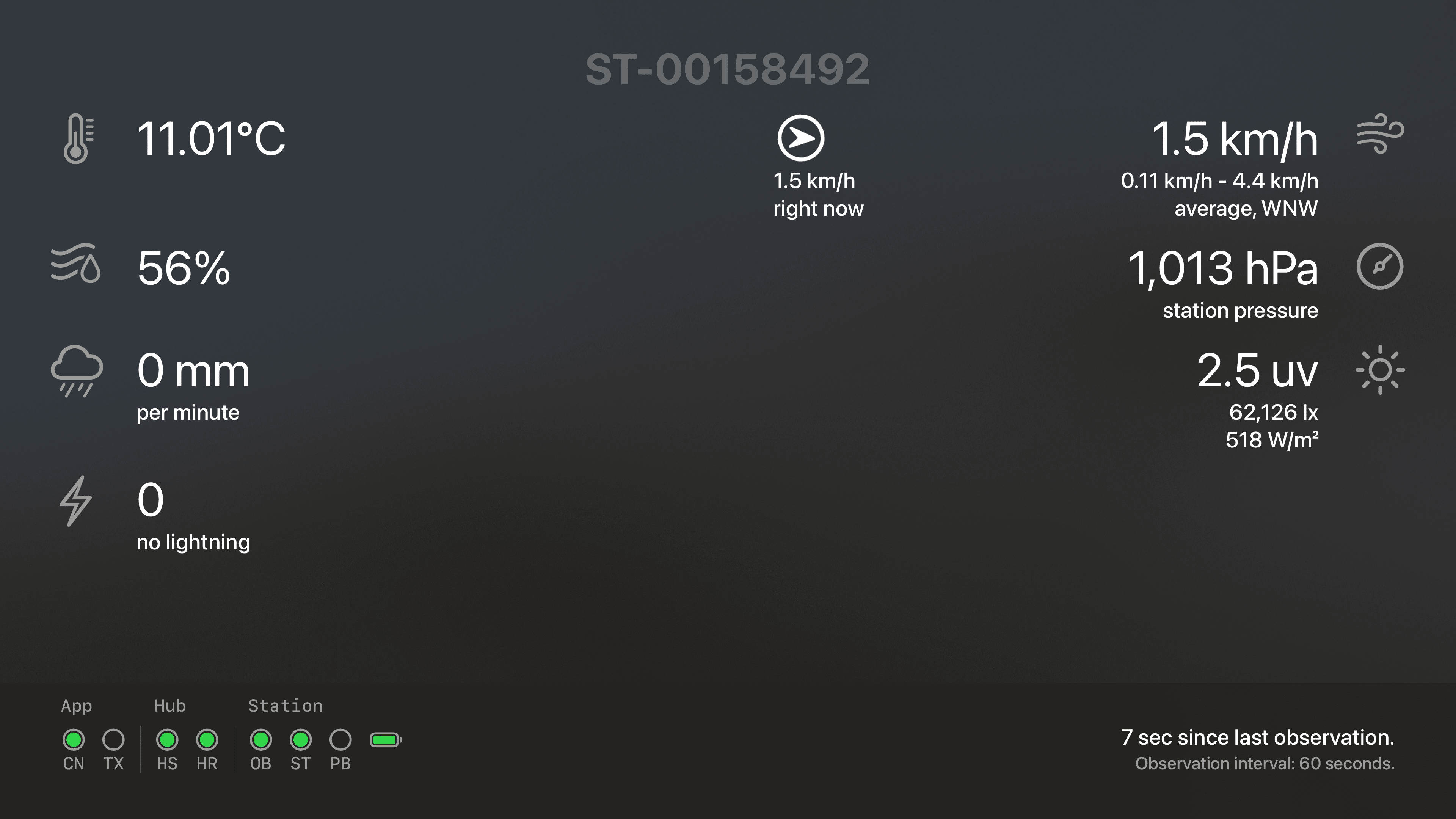 StormPulse on Apple TV: temperature, humidity, rain, lightning, wind, pressure and UV readings from a Tempest station